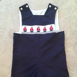 Sailboat Smocked Navy Shortall